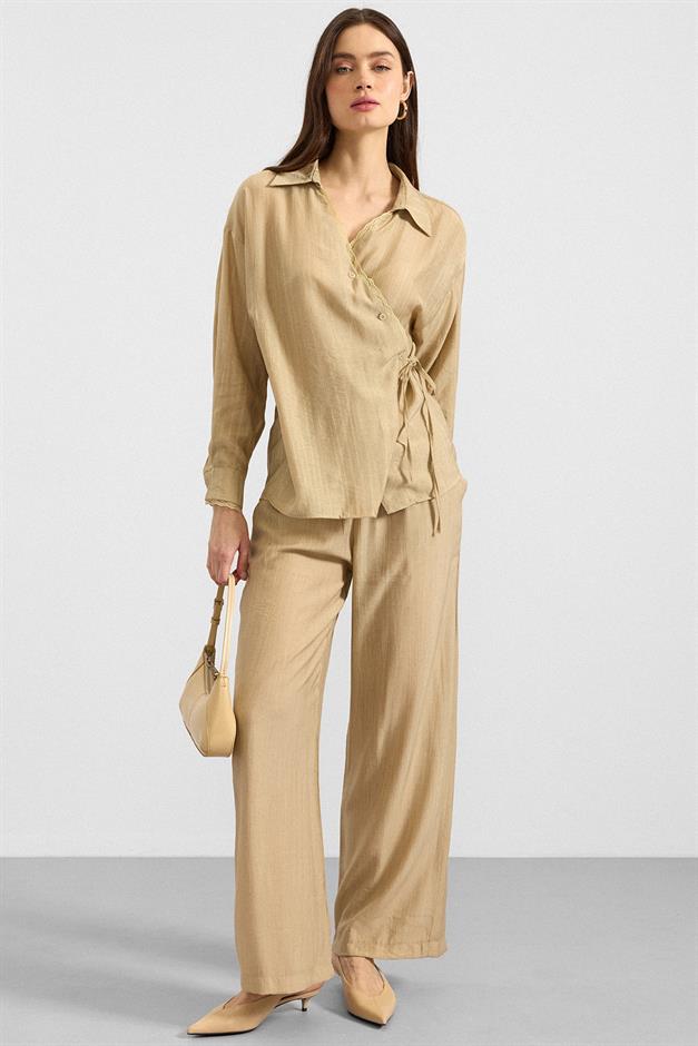 Düğme ve Bağcık Kapamalı Kimono Pantolon İkili Takım AÇIK YEŞİL 9414-TK