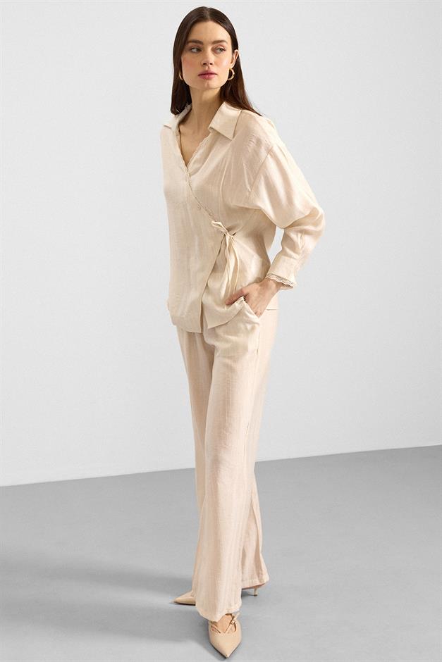Düğme ve Bağcık Kapamalı Kimono Pantolon İkili Takım KREM 9414-TK