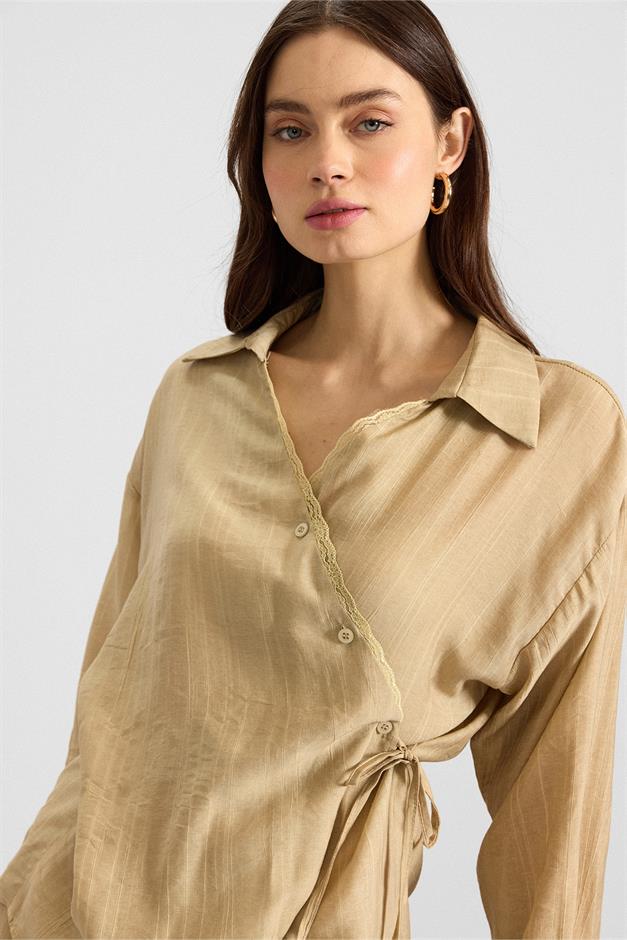 Düğme ve Bağcık Kapamalı Kimono Pantolon İkili Takım AÇIK YEŞİL 9414-TK