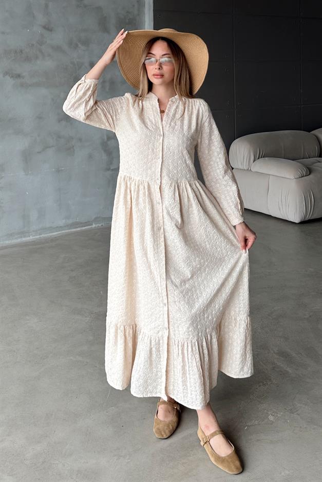Buttoned Midi Length Guipure Dress IVORY 9351-E