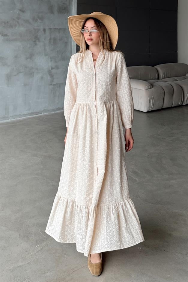 Buttoned Midi Length Guipure Dress IVORY 9351-E