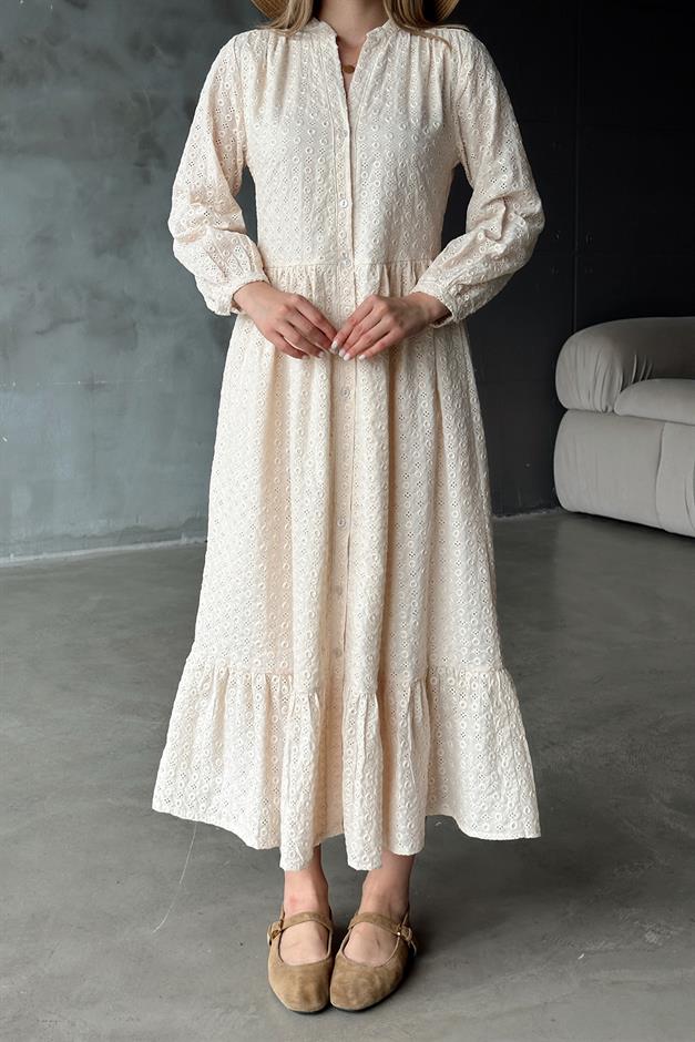 Buttoned Midi Length Guipure Dress IVORY 9351-E