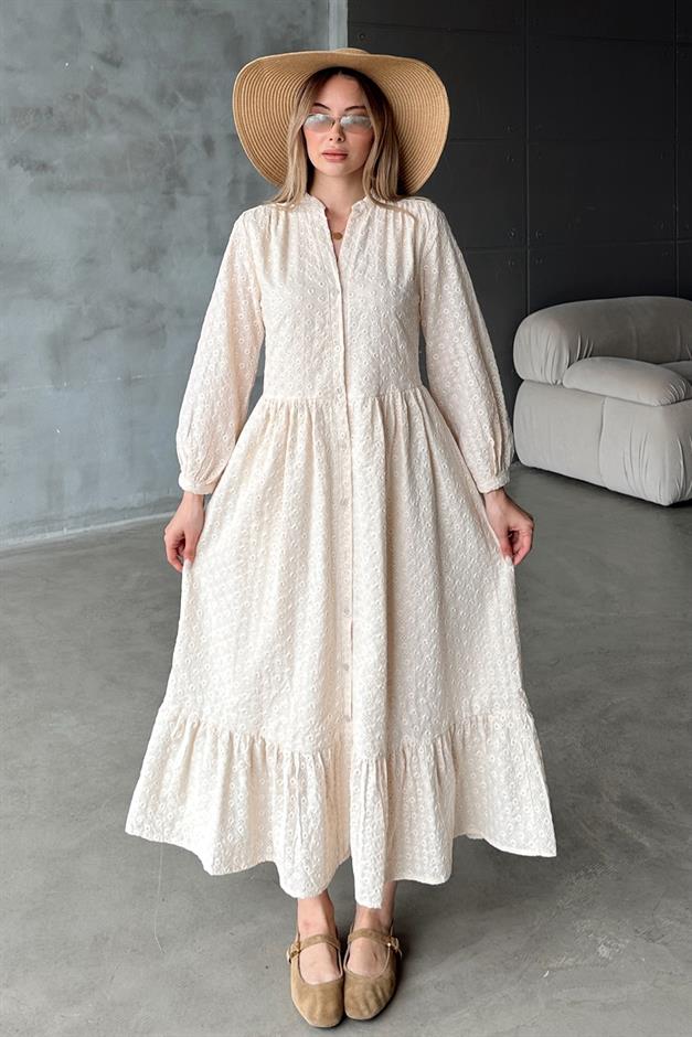 Buttoned Midi Length Guipure Dress IVORY 9351-E