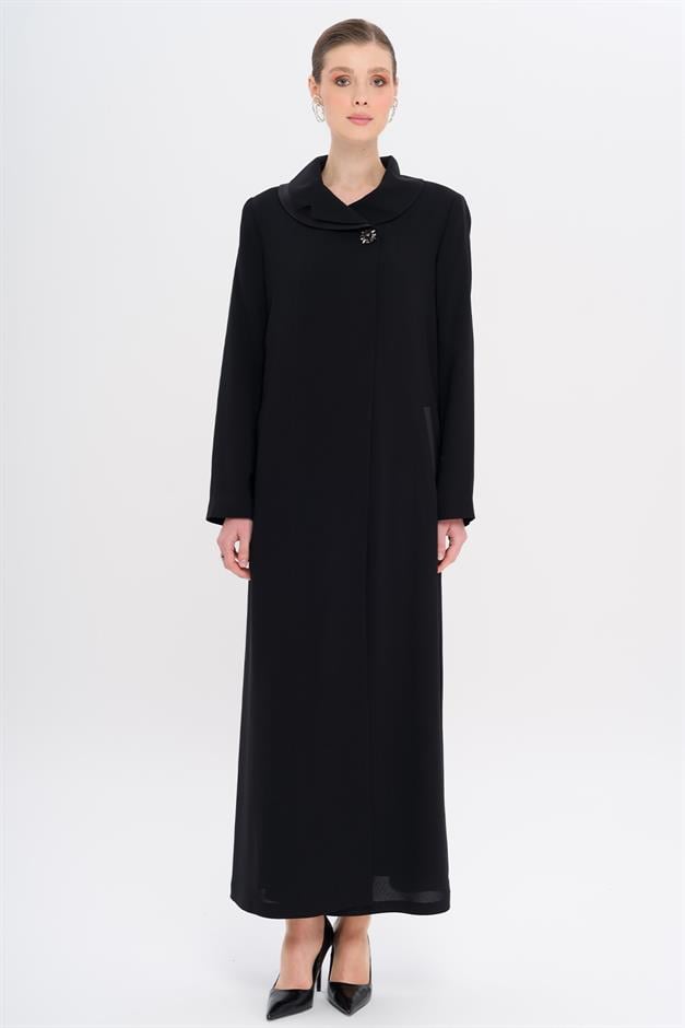 Düğmesi Taşlı Saten Detaylı Astarlı Büyük Beden Pardesü SİYAH 6720