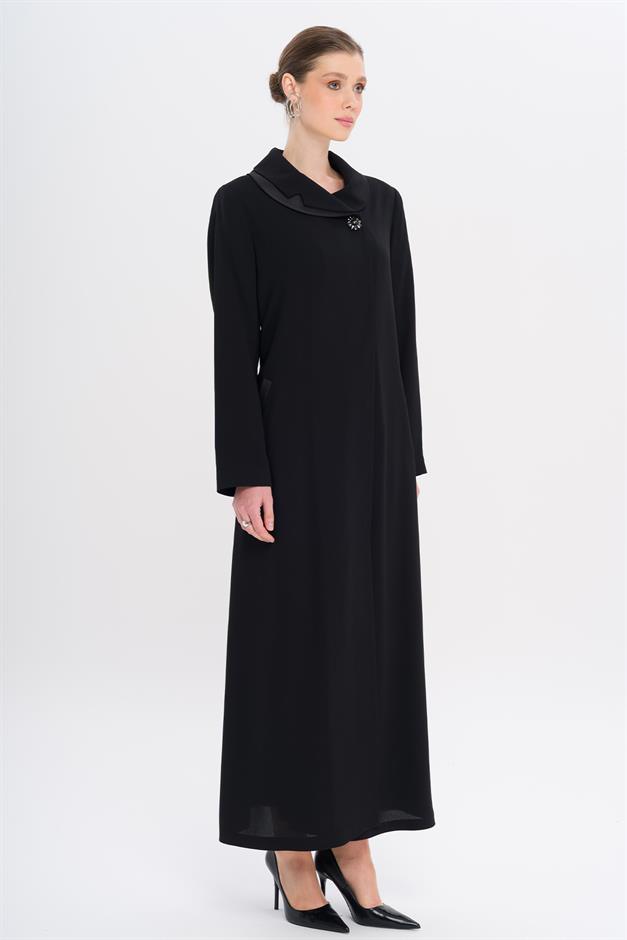 Düğmesi Taşlı Saten Detaylı Astarlı Büyük Beden Pardesü SİYAH 6720