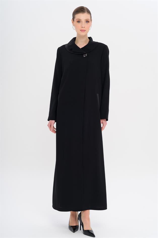 Düğmesi Taşlı Saten Detaylı Astarlı Büyük Beden Pardesü SİYAH 6720