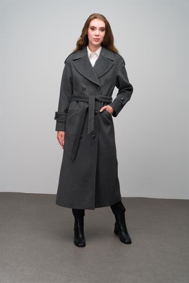 معطف كبير الحجم بأكمام منخفضة وتفاصيل كتف مزدوجة الصدر رمادي غامق 3062