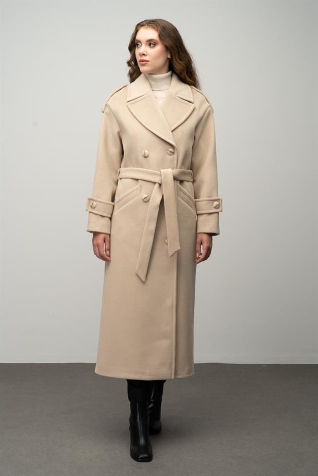 Low Sleeve Epaulette Detailed Double Breasted Oversize Coat IVORY 3062