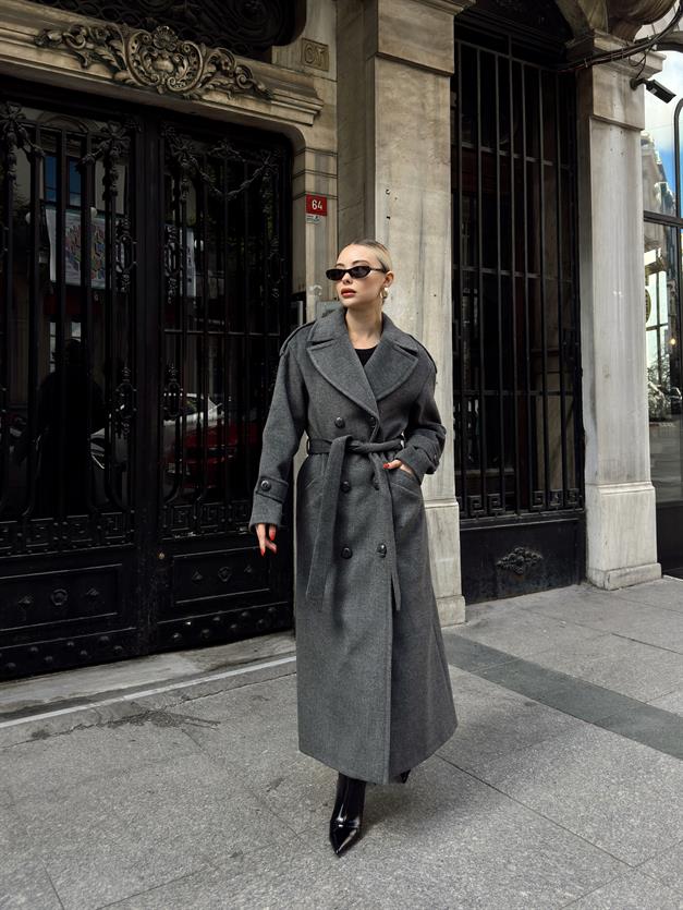 معطف كبير الحجم بأكمام منخفضة وتفاصيل كتف مزدوجة الصدر رمادي غامق 3062