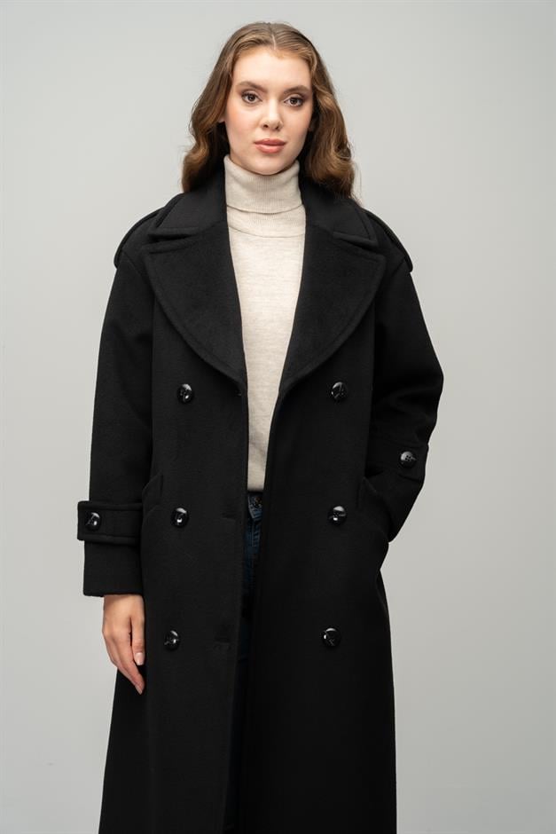 Low Sleeve Epaulette Detailed Double Breasted Oversize Coat BLACK 3062