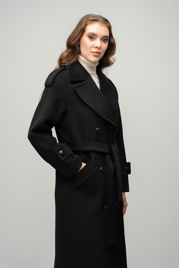 Low Sleeve Epaulette Detailed Double Breasted Oversize Coat BLACK 3062