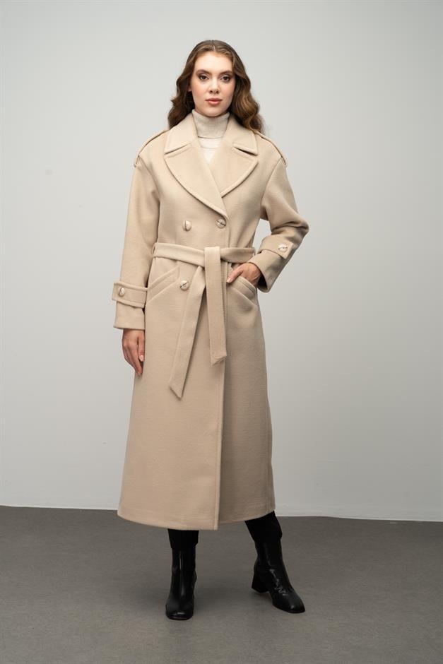 Low Sleeve Epaulette Detailed Double Breasted Oversize Coat IVORY 3062