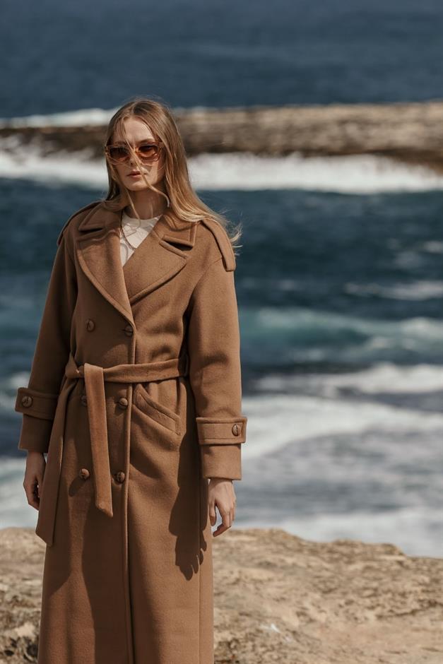 Low Sleeve Epaulette Detailed Double Breasted Oversize Coat K. KAMEL 3062