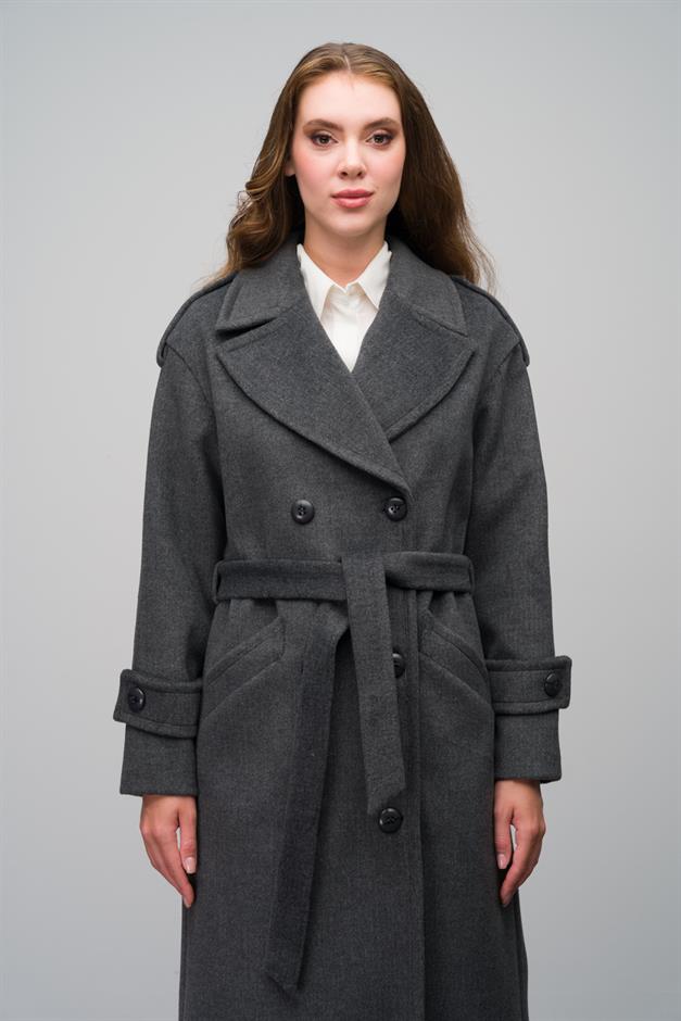 معطف كبير الحجم بأكمام منخفضة وتفاصيل كتف مزدوجة الصدر رمادي غامق 3062