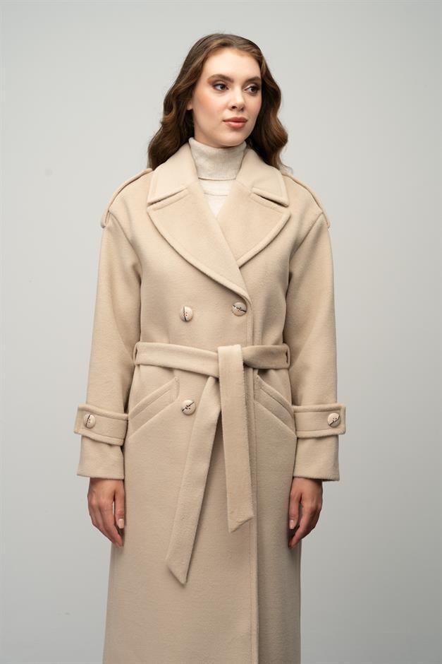 Low Sleeve Epaulette Detailed Double Breasted Oversize Coat IVORY 3062
