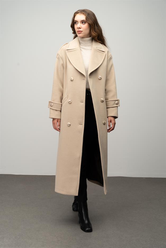 Low Sleeve Epaulette Detailed Double Breasted Oversize Coat IVORY 3062