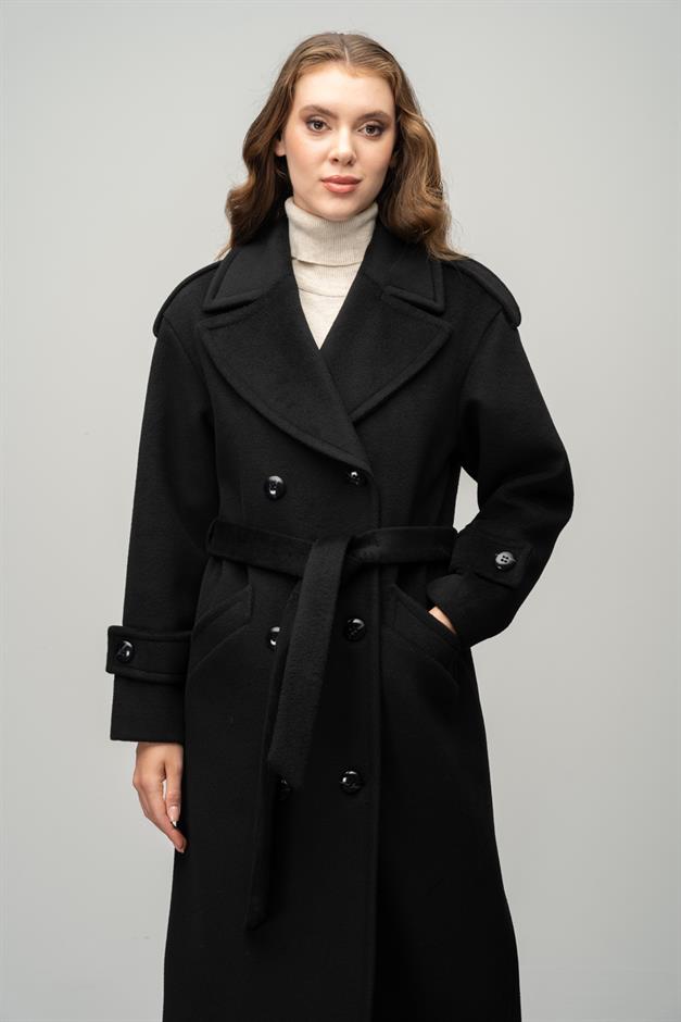 Low Sleeve Epaulette Detailed Double Breasted Oversize Coat BLACK 3062