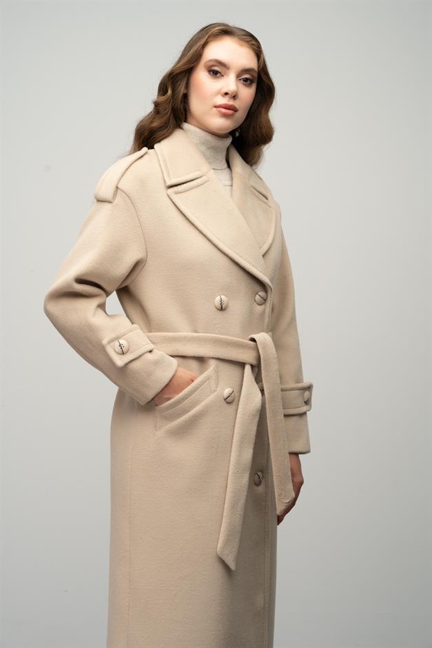 Low Sleeve Epaulette Detailed Double Breasted Oversize Coat IVORY 3062