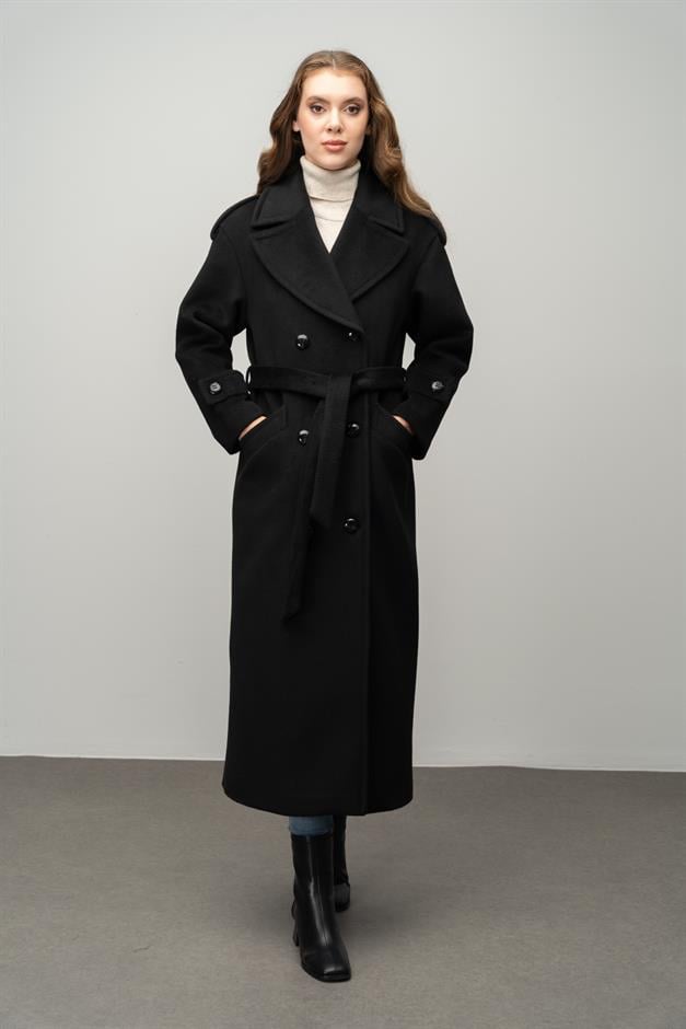 Low Sleeve Epaulette Detailed Double Breasted Oversize Coat BLACK 3062