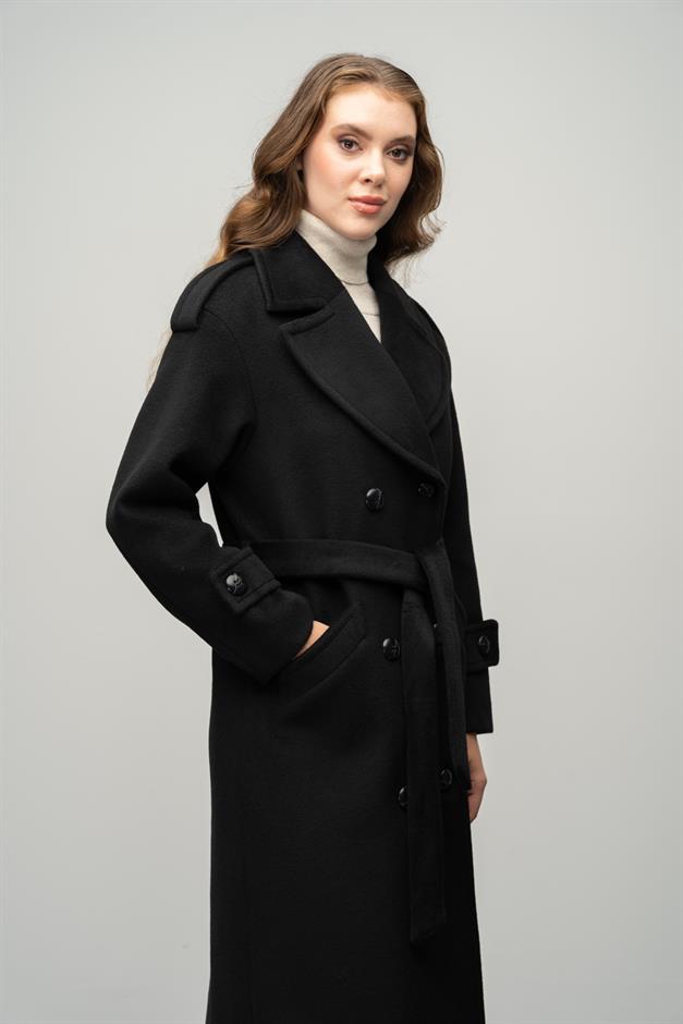 Low Sleeve Epaulette Detailed Double Breasted Oversize Coat BLACK 3062