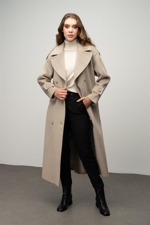 Low Sleeve Epaulette Detailed Double Breasted Oversize Coat STONE 3062