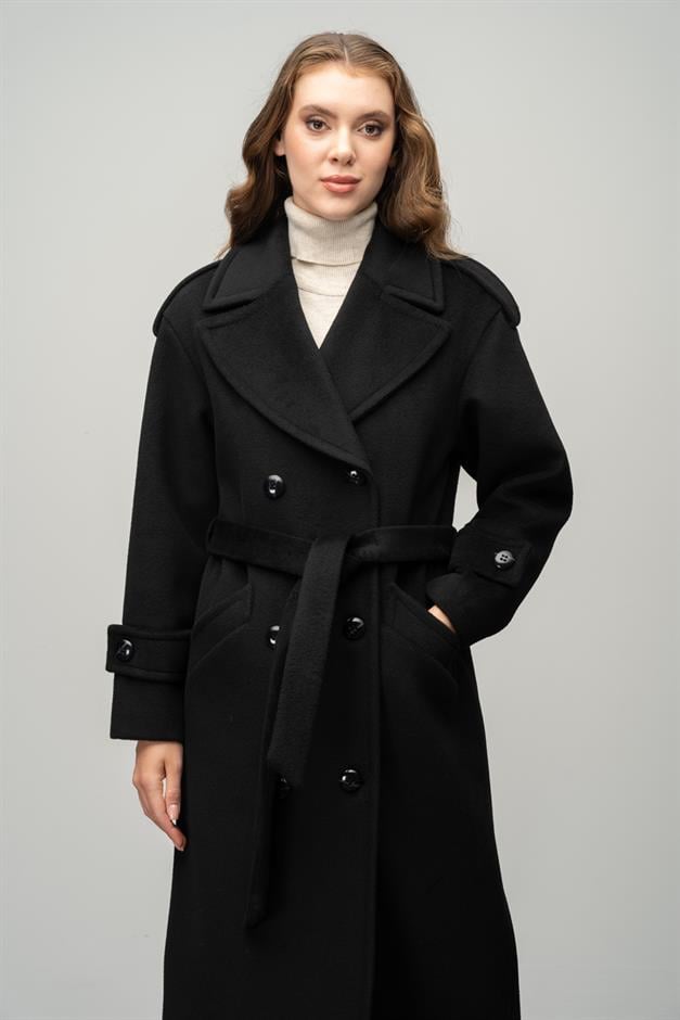 Low Sleeve Epaulette Detailed Double Breasted Oversize Coat BLACK 3062