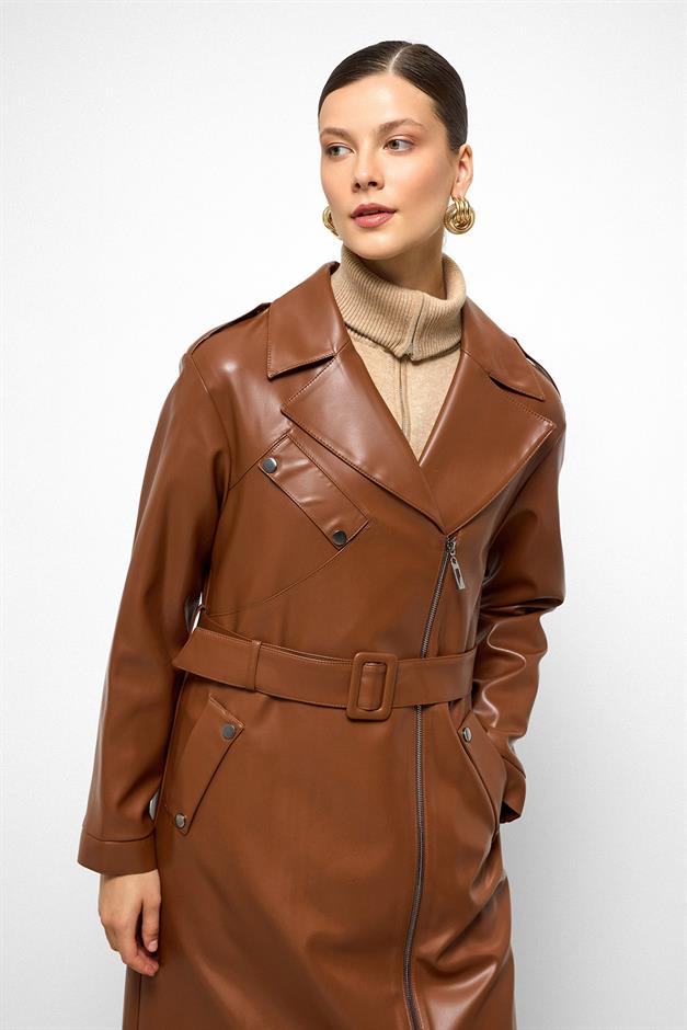 Low Sleeve Zippered Oversize Leather Trench Coat CAMEL 6759
