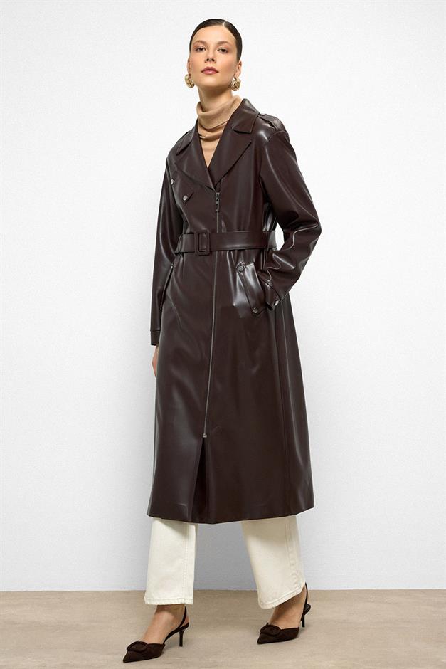 Low Sleeve Zippered Oversize Leather Trench Coat Black Coffee 6759