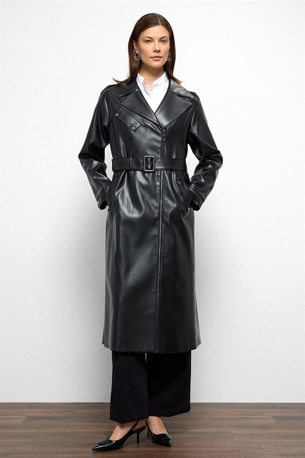 Low Sleeve Zippered Oversize Leather Trench Coat BLACK 6759