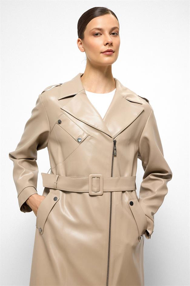 Low Sleeve Zippered Oversize Leather Trench Coat STONE 6759