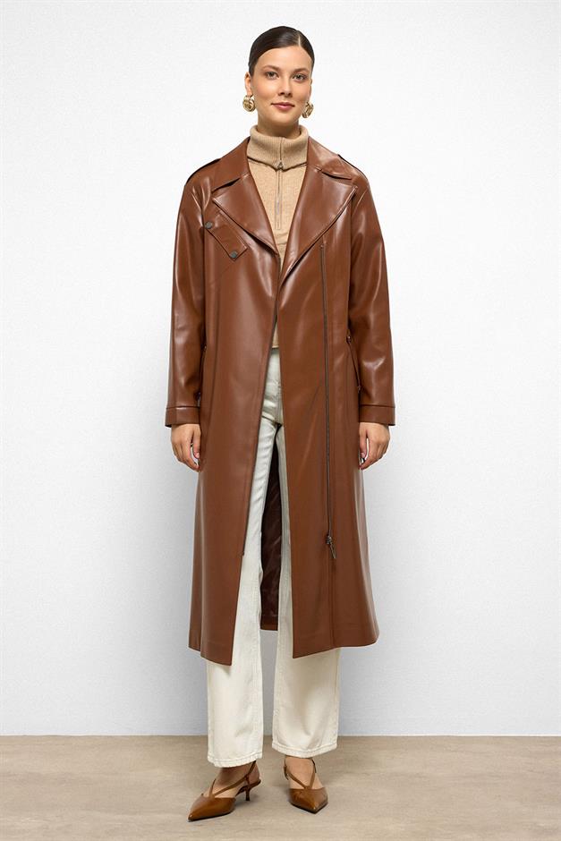 Low Sleeve Zippered Oversize Leather Trench Coat CAMEL 6759