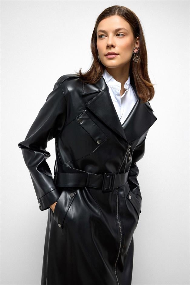 Low Sleeve Zippered Oversize Leather Trench Coat BLACK 6759
