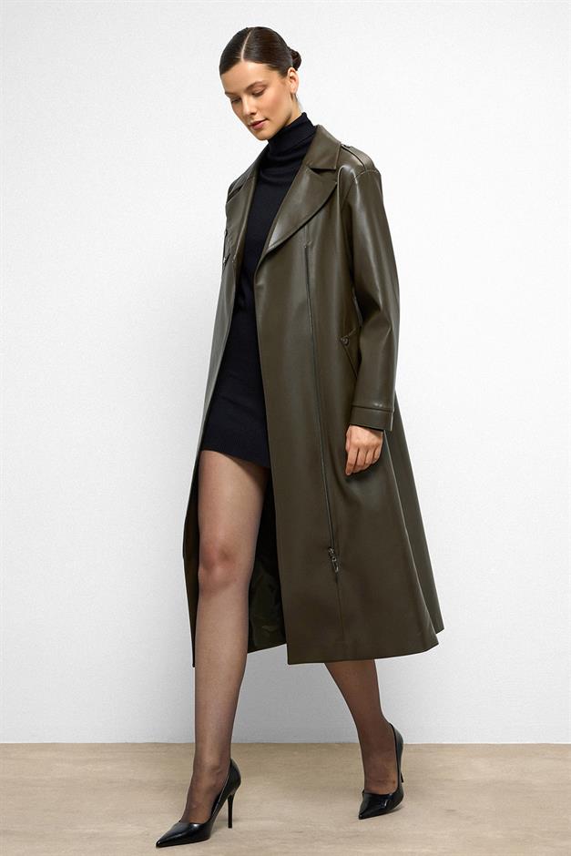 Low Sleeve Zippered Oversize Leather Trench Coat DRAB 6759
