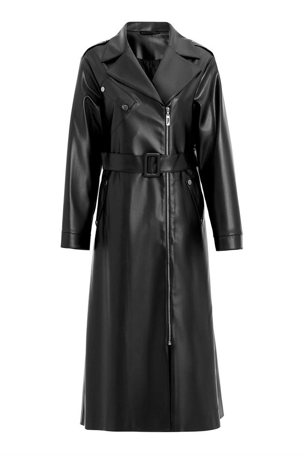 Low Sleeve Zippered Oversize Leather Trench Coat BLACK 6759