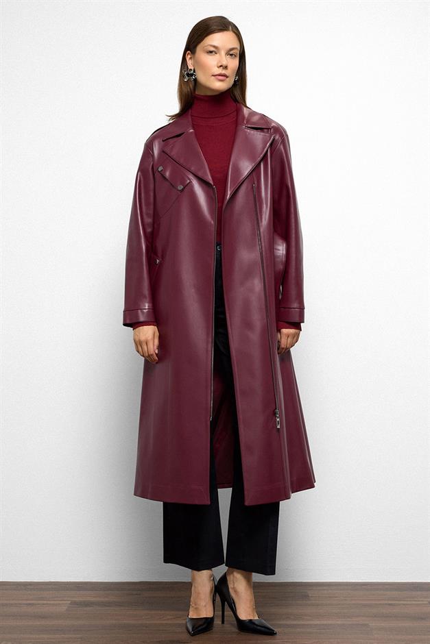 Low Sleeve Zippered Oversize Leather Trench Coat CLARET RED 6759