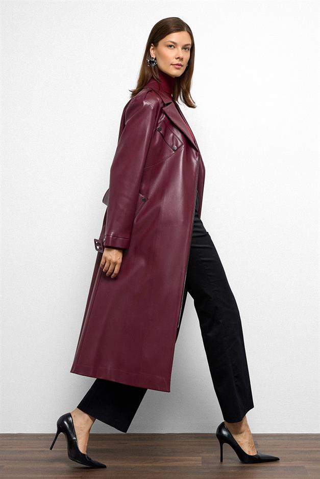 Low Sleeve Zippered Oversize Leather Trench Coat CLARET RED 6759