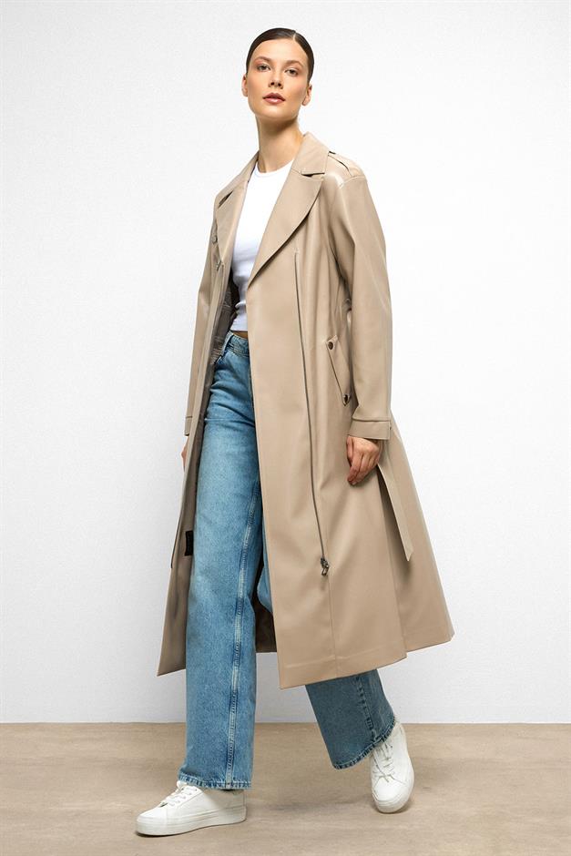 Low Sleeve Zippered Oversize Leather Trench Coat STONE 6759