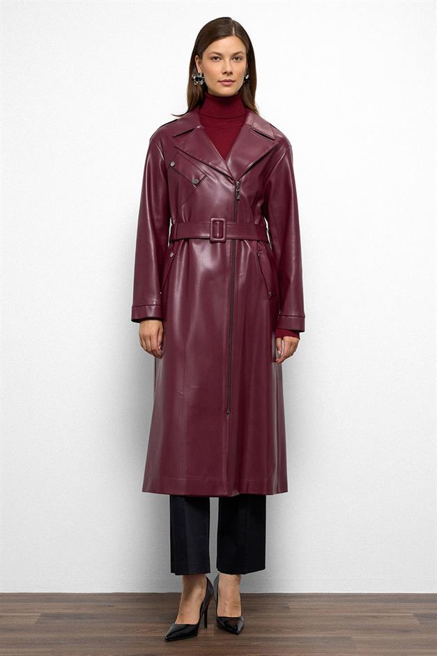Low Sleeve Zippered Oversize Leather Trench Coat CLARET RED 6759