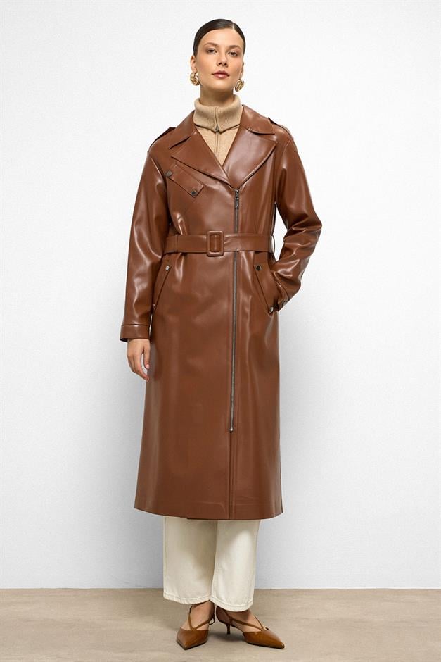 Low Sleeve Zippered Oversize Leather Trench Coat CAMEL 6759