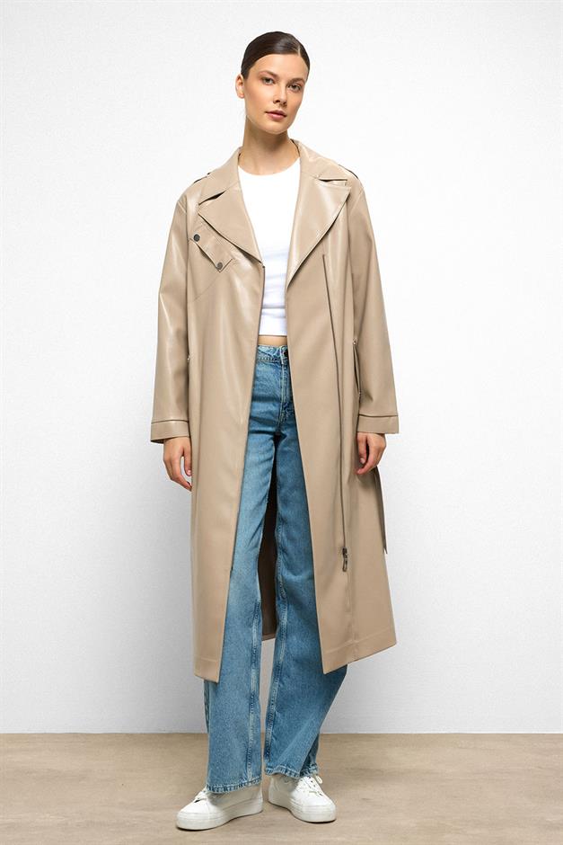 Low Sleeve Zippered Oversize Leather Trench Coat STONE 6759