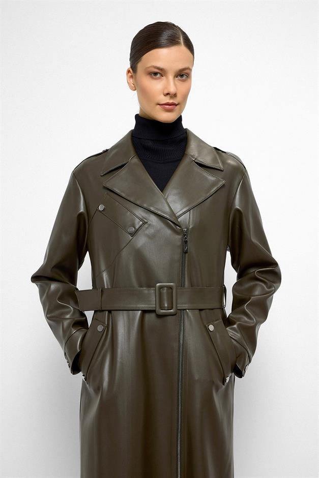 Low Sleeve Zippered Oversize Leather Trench Coat DRAB 6759