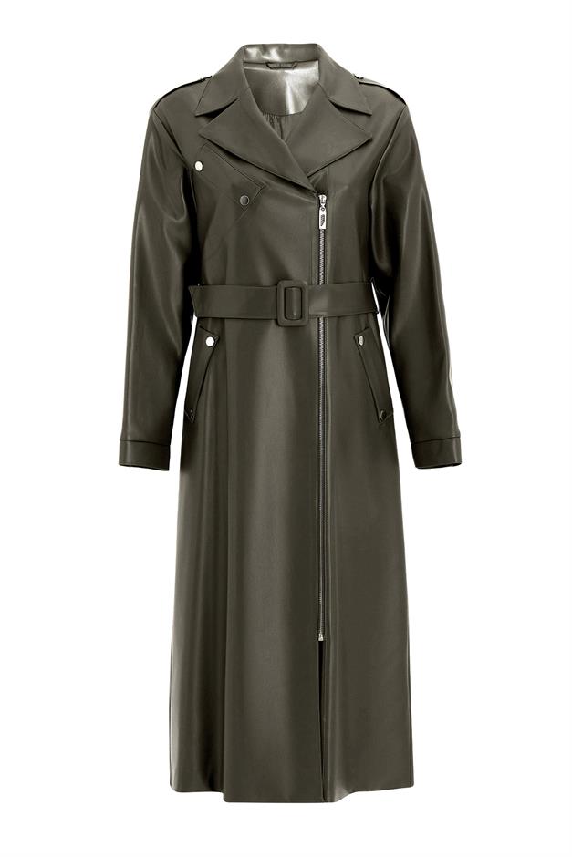 Low Sleeve Zippered Oversize Leather Trench Coat DRAB 6759