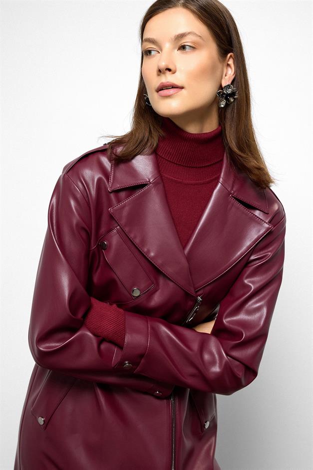 Low Sleeve Zippered Oversize Leather Trench Coat CLARET RED 6759