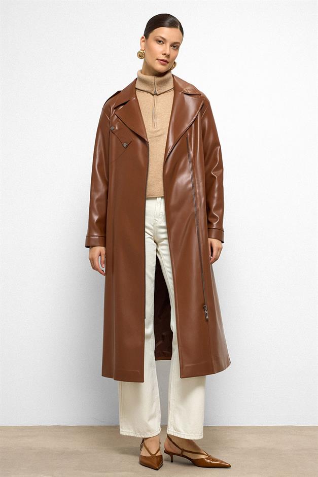 Low Sleeve Zippered Oversize Leather Trench Coat CAMEL 6759
