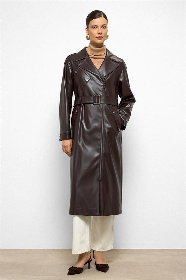 Low Sleeve Zippered Oversize Leather Trench Coat Black Coffee 6759