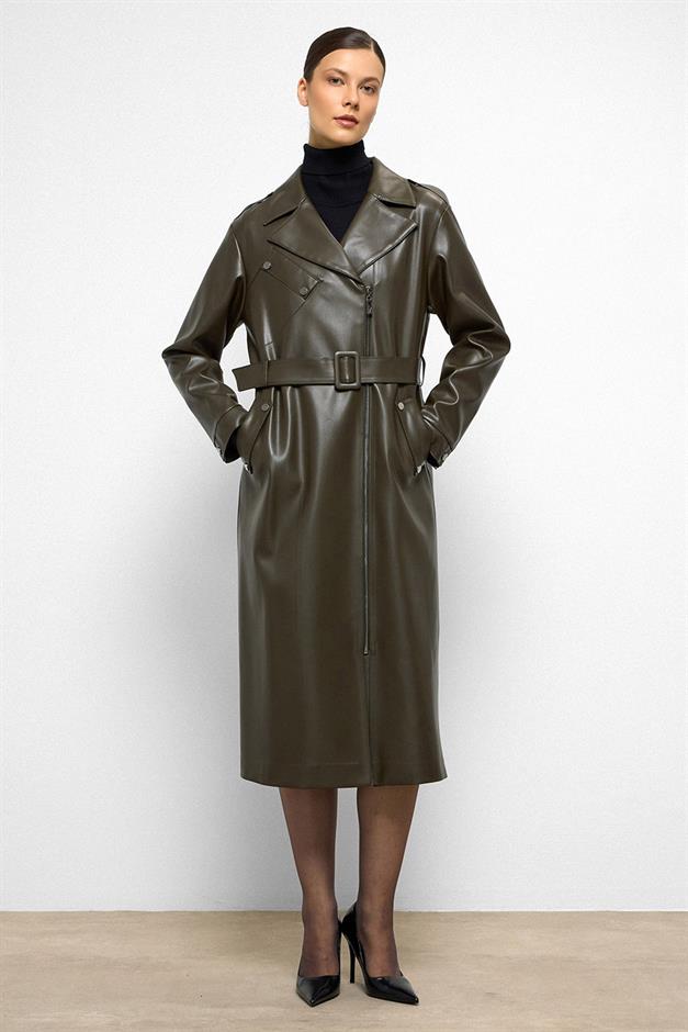 Low Sleeve Zippered Oversize Leather Trench Coat DRAB 6759