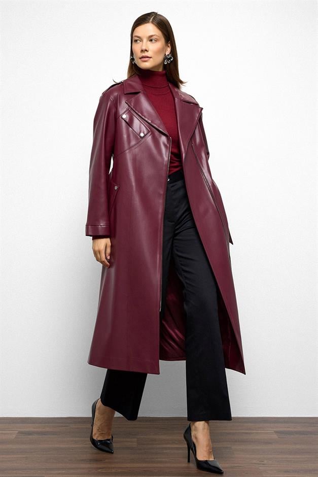 Low Sleeve Zippered Oversize Leather Trench Coat CLARET RED 6759