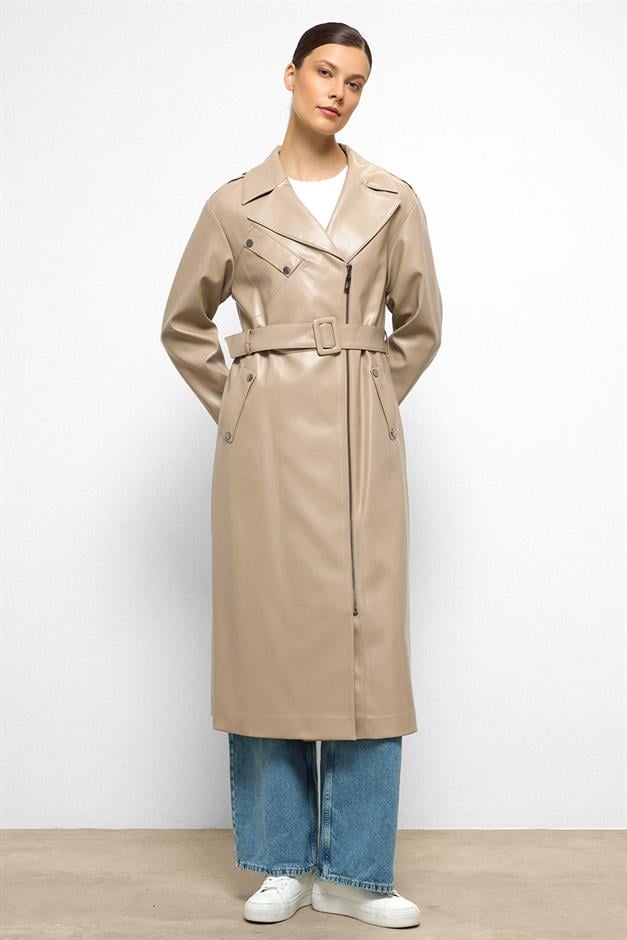 Low Sleeve Zippered Oversize Leather Trench Coat STONE 6759