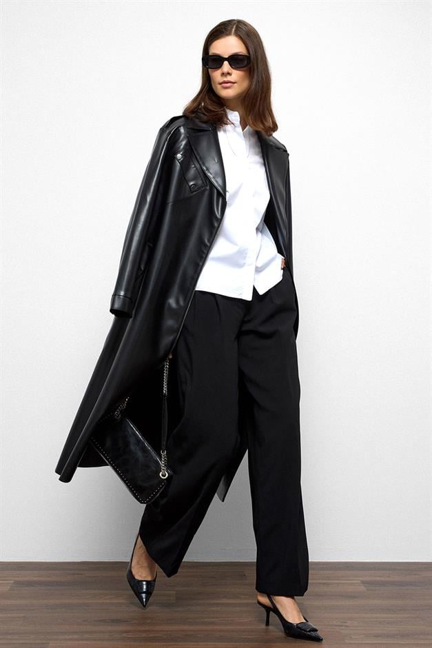 Low Sleeve Zippered Oversize Leather Trench Coat BLACK 6759