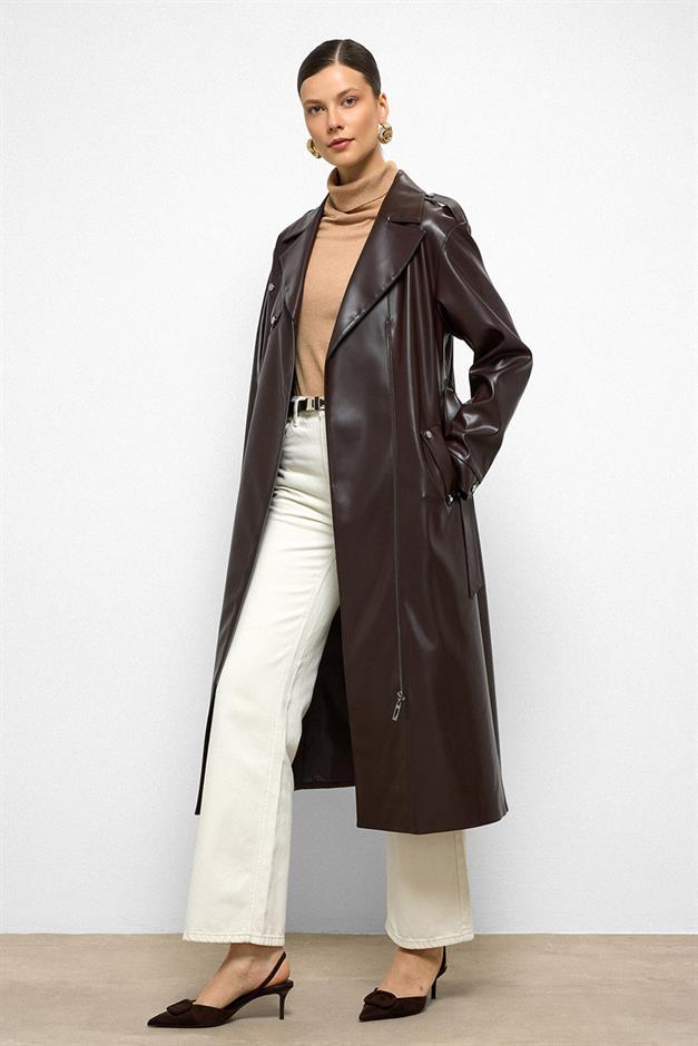 Low Sleeve Zippered Oversize Leather Trench Coat Black Coffee 6759